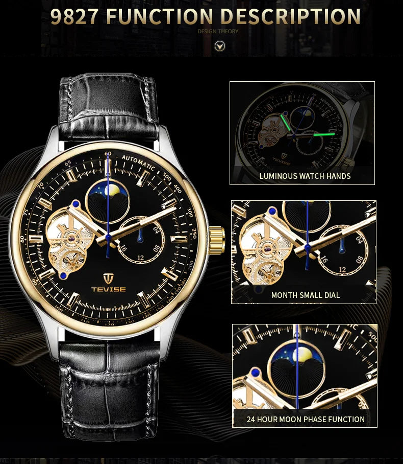 terproof WatchTEVISE New Men's Skeleton Mechanical Watch – Luxury Automatic with Luminous Dial and Leather Band