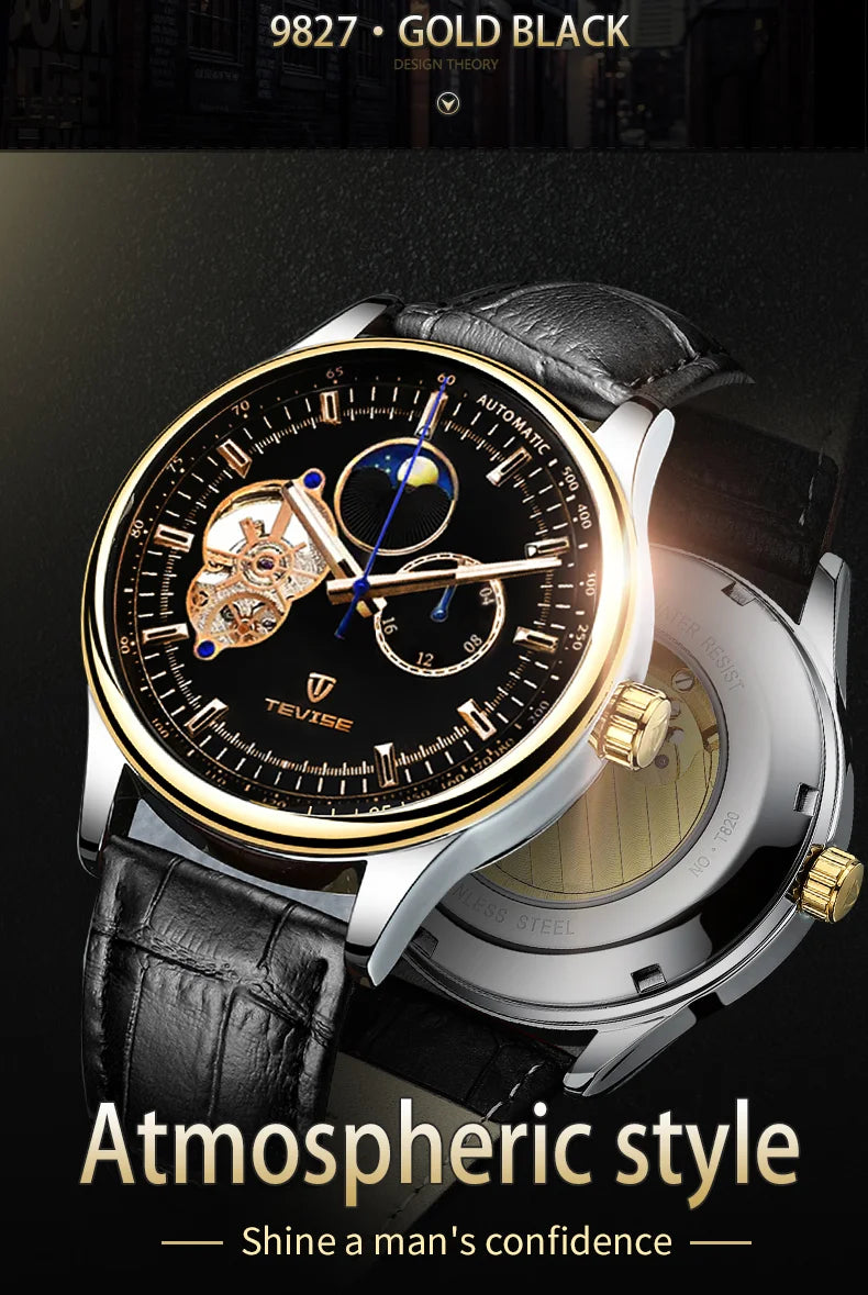 terproof WatchTEVISE New Men's Skeleton Mechanical Watch – Luxury Automatic with Luminous Dial and Leather Band