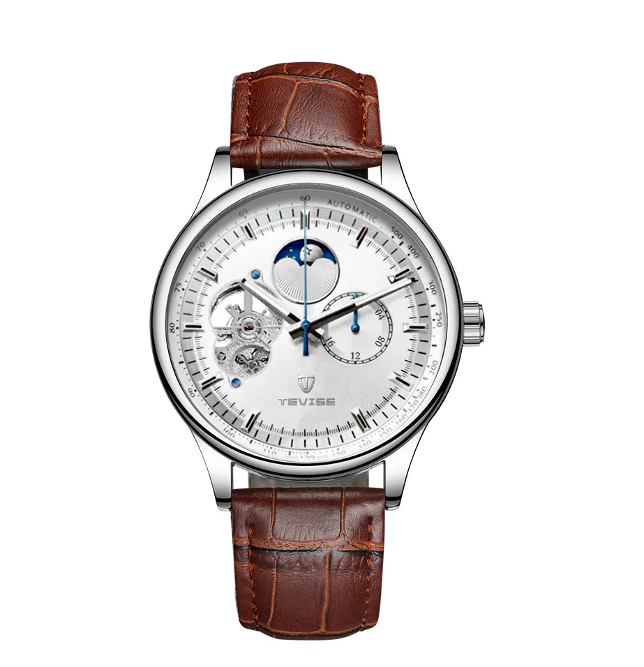 terproof WatchTEVISE New Men's Skeleton Mechanical Watch – Luxury Automatic with Luminous Dial and Leather Band