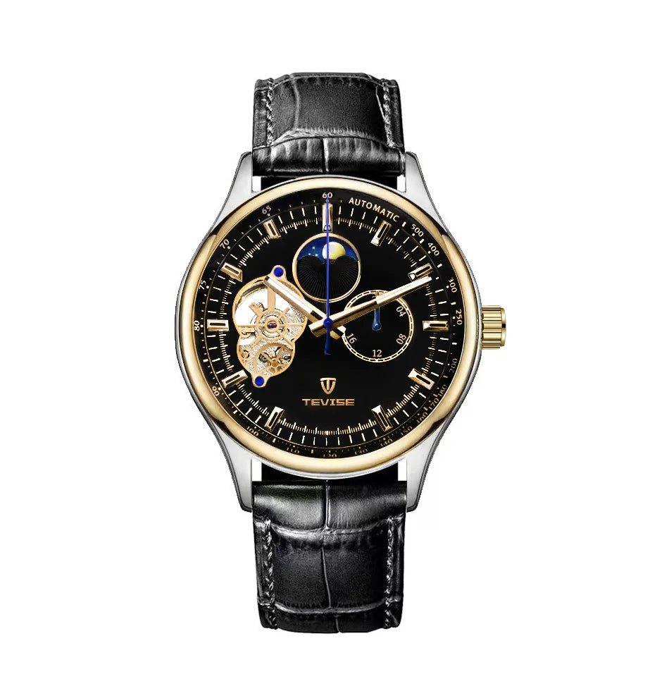 terproof WatchTEVISE New Men's Skeleton Mechanical Watch – Luxury Automatic with Luminous Dial and Leather Band