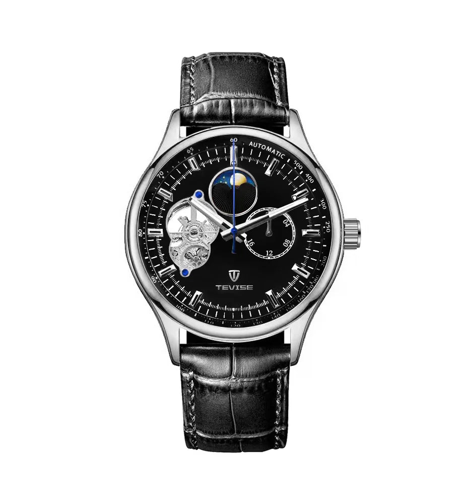 terproof WatchTEVISE New Men's Skeleton Mechanical Watch – Luxury Automatic with Luminous Dial and Leather Band