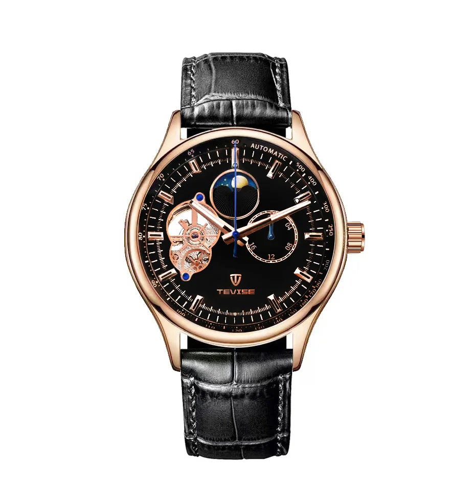 terproof WatchTEVISE New Men's Skeleton Mechanical Watch – Luxury Automatic with Luminous Dial and Leather Band