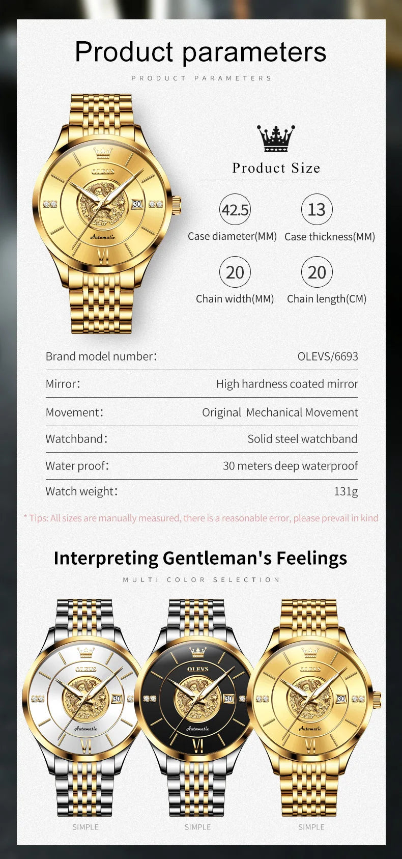 OLEVS Xianglong Relief Fully Automatic Mechanical Men's Watch – Model 6693