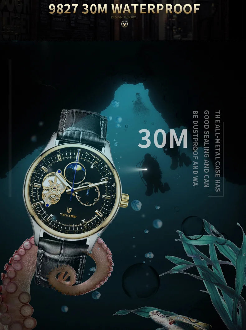 terproof WatchTEVISE New Men's Skeleton Mechanical Watch – Luxury Automatic with Luminous Dial and Leather Band