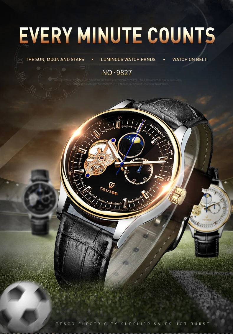 terproof WatchTEVISE New Men's Skeleton Mechanical Watch – Luxury Automatic with Luminous Dial and Leather Band