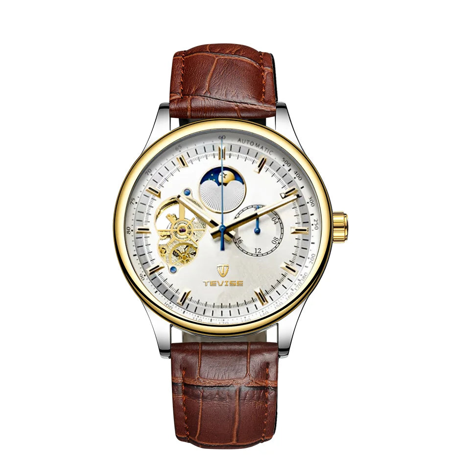 terproof WatchTEVISE New Men's Skeleton Mechanical Watch – Luxury Automatic with Luminous Dial and Leather Band