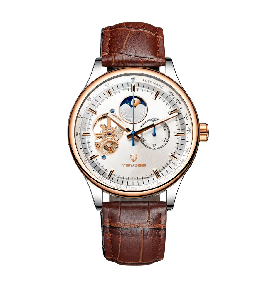 terproof WatchTEVISE New Men's Skeleton Mechanical Watch – Luxury Automatic with Luminous Dial and Leather Band