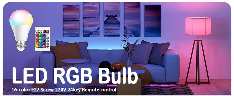 16-Color RGB LED Smart Bulb with Remote – Dimmable E27 Atmosphere Light