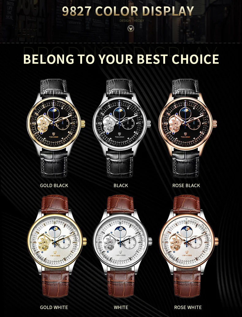 terproof WatchTEVISE New Men's Skeleton Mechanical Watch – Luxury Automatic with Luminous Dial and Leather Band