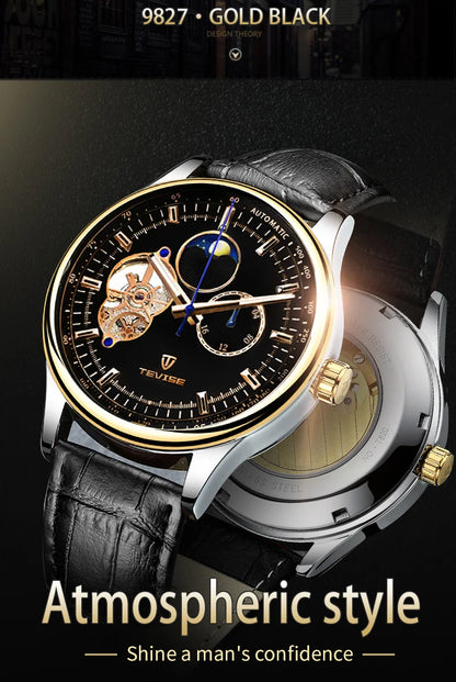 terproof WatchTEVISE New Men's Skeleton Mechanical Watch – Luxury Automatic with Luminous Dial and Leather Band