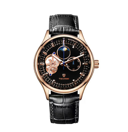 terproof WatchTEVISE New Men's Skeleton Mechanical Watch – Luxury Automatic with Luminous Dial and Leather Band