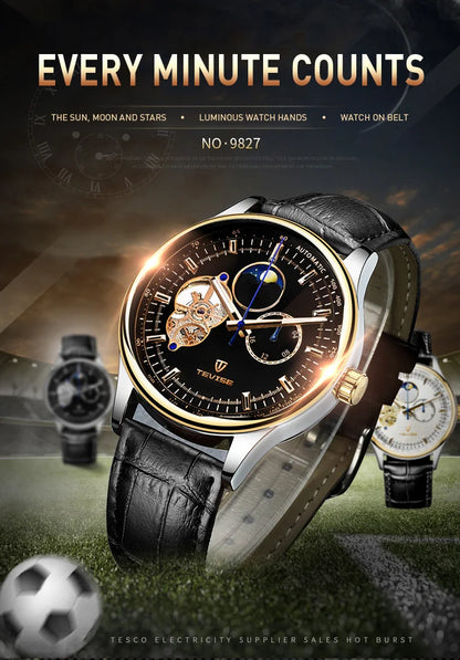 terproof WatchTEVISE New Men's Skeleton Mechanical Watch – Luxury Automatic with Luminous Dial and Leather Band