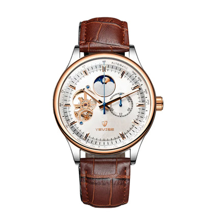 terproof WatchTEVISE New Men's Skeleton Mechanical Watch – Luxury Automatic with Luminous Dial and Leather Band